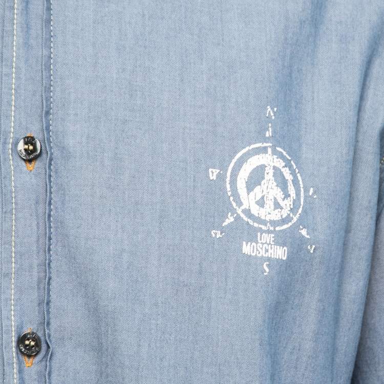 Pre Owned Love Moschino Blue Printed Cotton Full Sleeve Shirt L