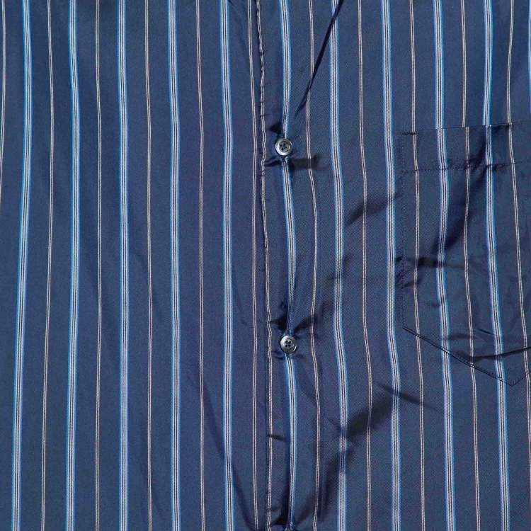 Pre Owned Maison Margiela Navy Blue Striped Satin Padded Overshirt L