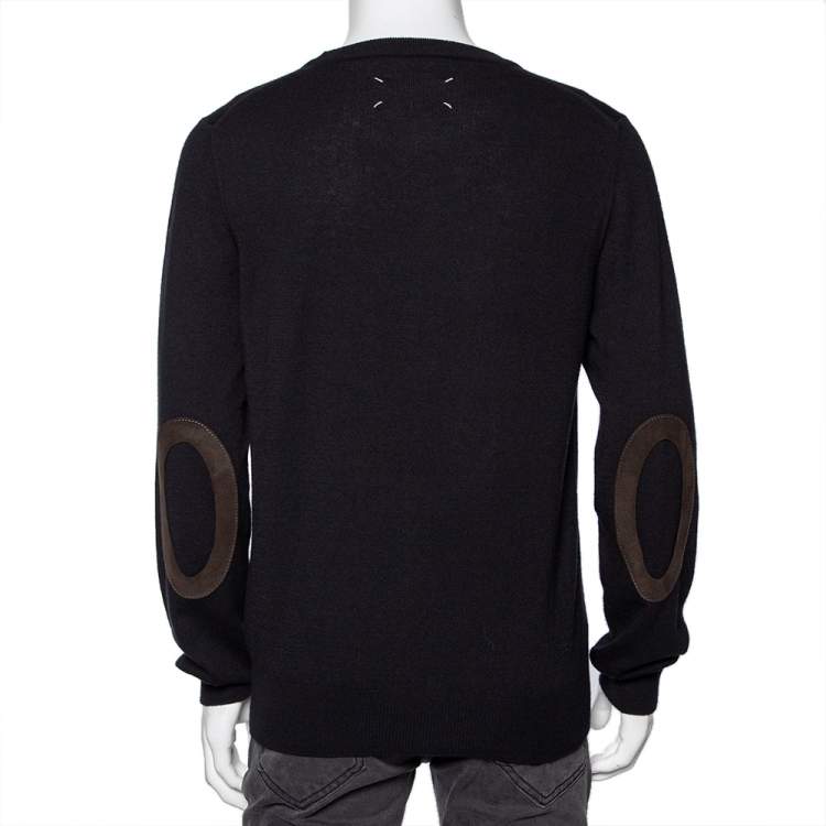 Pre Owned Maison Martin Margiela Black Wool Suede Patch Detailed Jumper L 