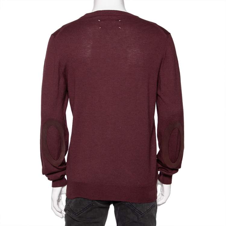 Pre Owned Maison Martin Margiela Burgundy Knit Suede Patch Detailed Jumper L