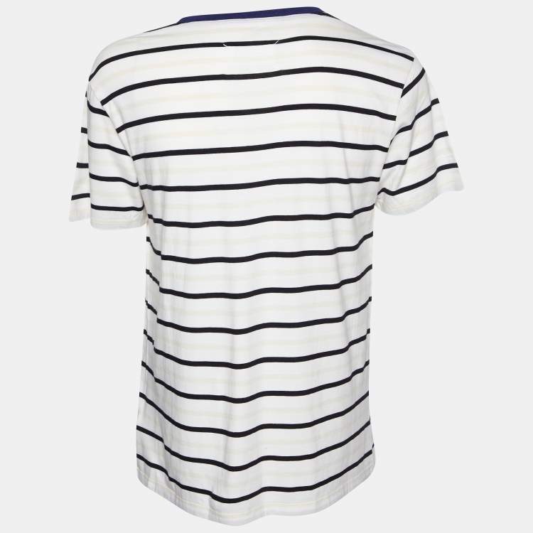 Pre Owned Maison Martin Margiela White Striped Cotton Knit Contrast Detail T-Shirt XL