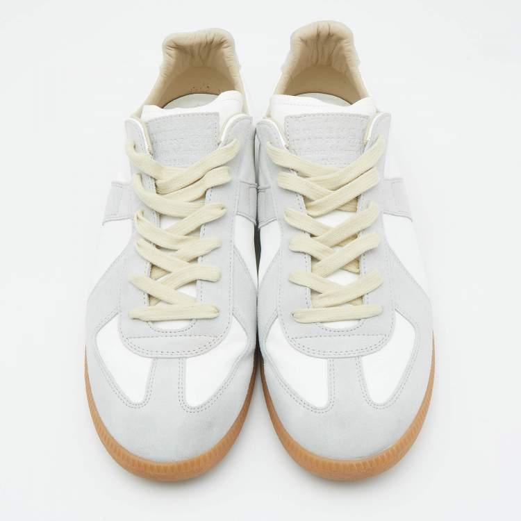 Pre Owned Maison Martin Margiela White/Grey Leather and Suede Replica Sneakers Size 47