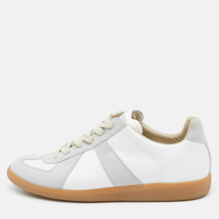 Pre Owned Maison Martin Margiela White/Grey Leather and Suede Replica Sneakers Size 47