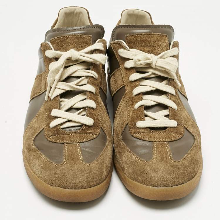 Pre Owned Maison Martin Margiela Dark Green Leather and Suede Tabi Low Top Sneakers Size 44