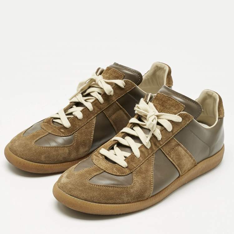 Pre Owned Maison Martin Margiela Dark Green Leather and Suede Tabi Low Top Sneakers Size 44