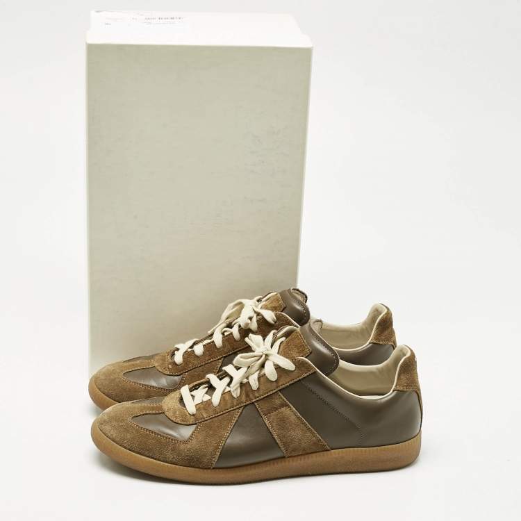 Pre Owned Maison Martin Margiela Dark Green Leather and Suede Tabi Low Top Sneakers Size 44