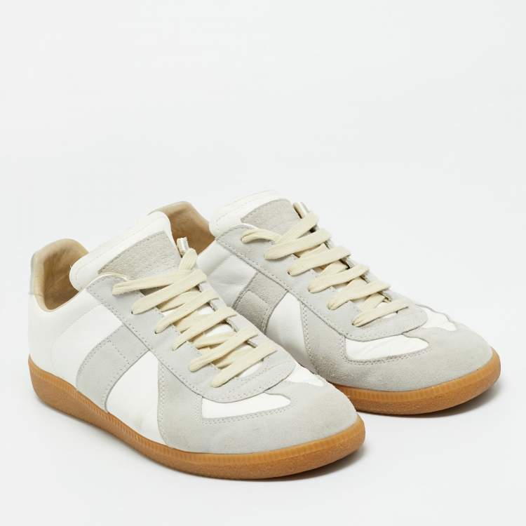 Pre Owned Maison Martin Margiela White/Grey Leather and Suede Replica Lace Up Sneakers Size 42