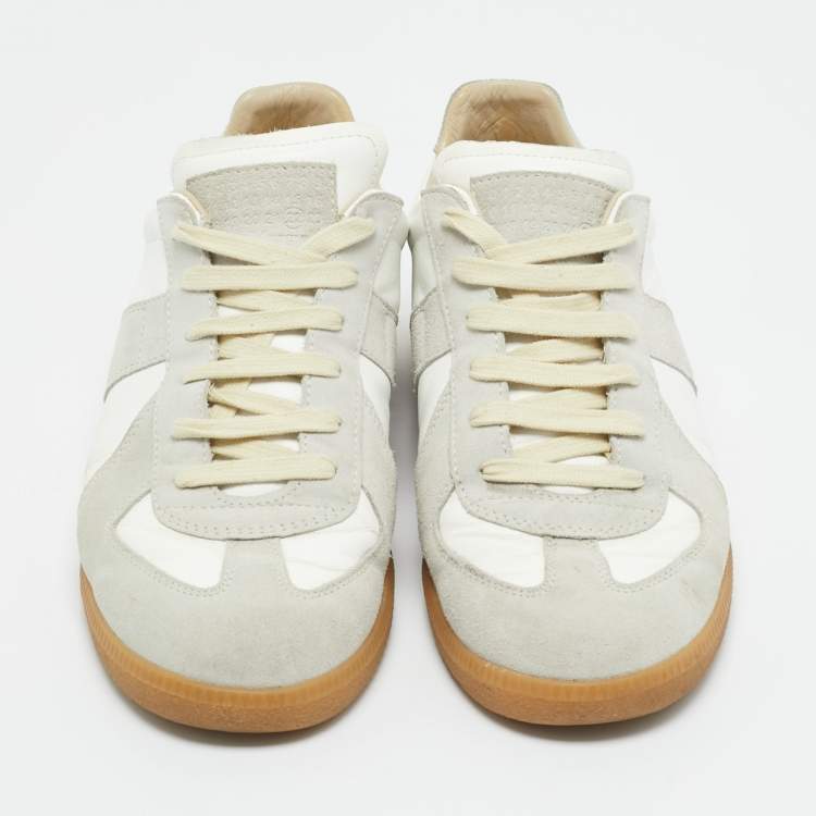 Pre Owned Maison Martin Margiela White/Grey Leather and Suede Replica Lace Up Sneakers Size 42