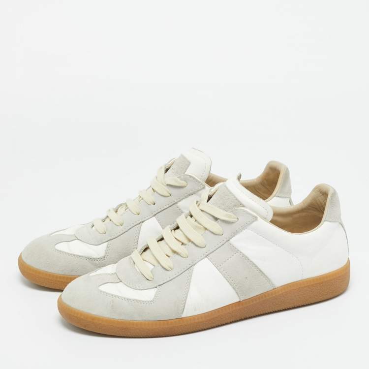 Pre Owned Maison Martin Margiela White/Grey Leather and Suede Replica Lace Up Sneakers Size 42