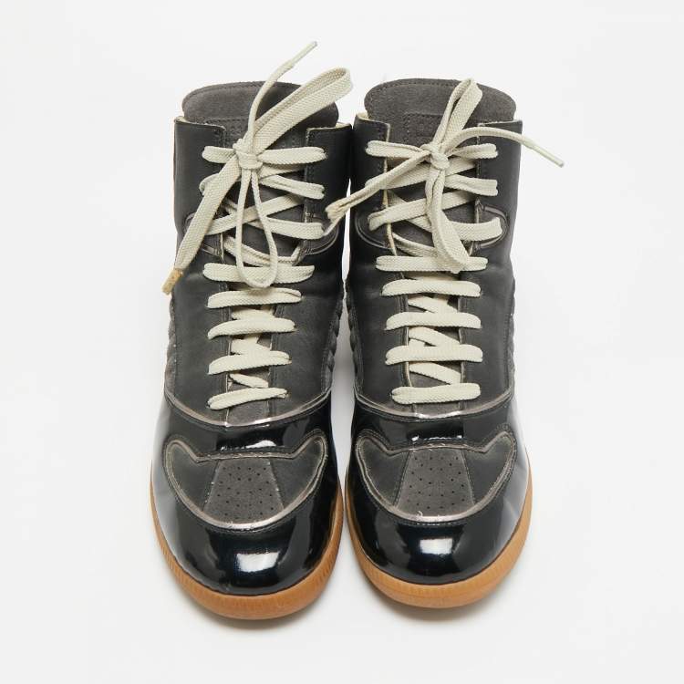 Pre Owned Maison Martin Margiela Size 45 Black Patent Leather and Suede High Top Sneakers
