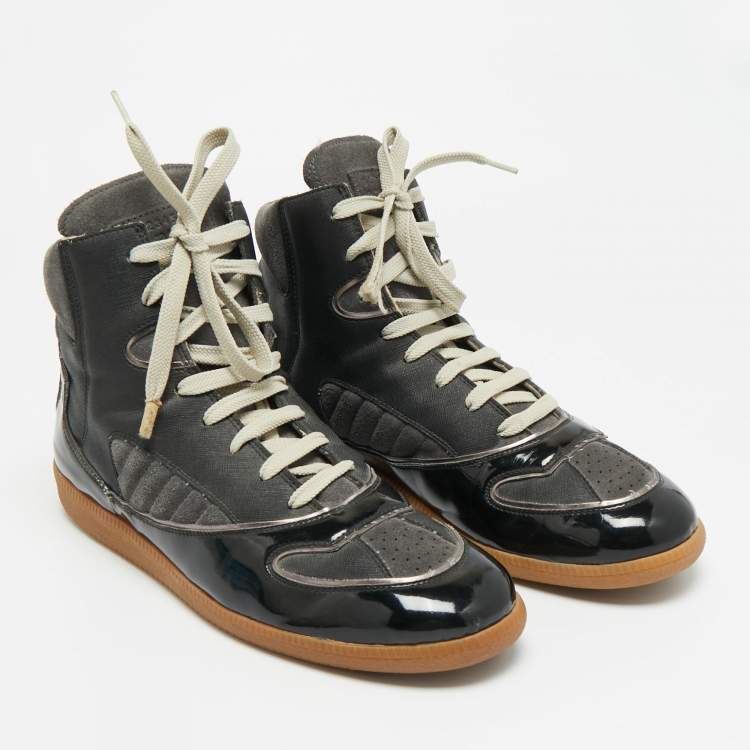 Pre Owned Maison Martin Margiela Size 45 Black Patent Leather and Suede High Top Sneakers