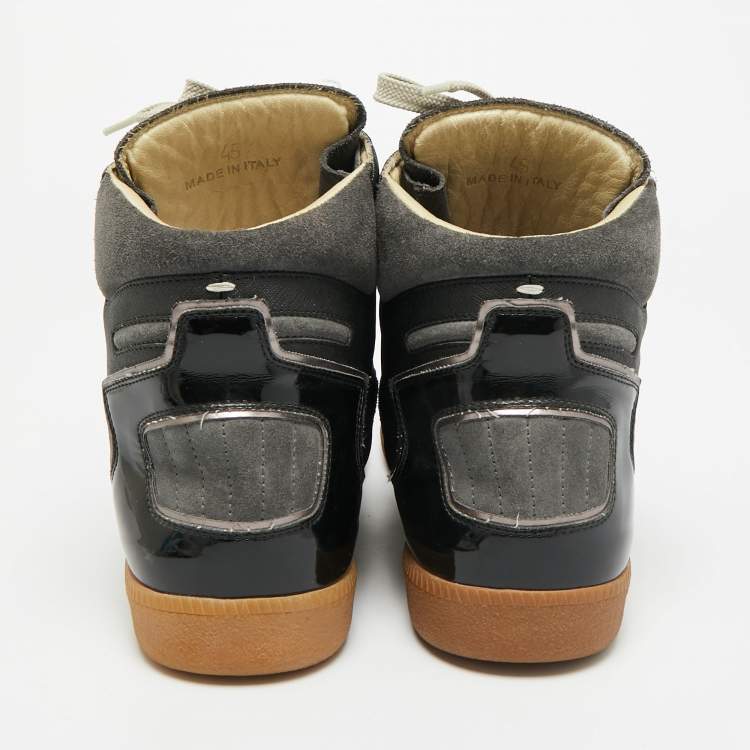 Pre Owned Maison Martin Margiela Size 45 Black Patent Leather and Suede High Top Sneakers