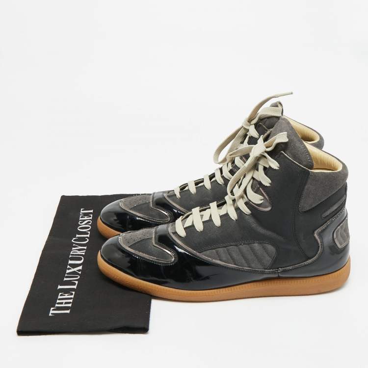 Pre Owned Maison Martin Margiela Size 45 Black Patent Leather and Suede High Top Sneakers