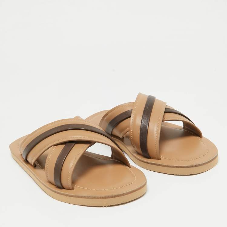 Pre Owned Malone Souliers Beige/Brown Leather Gabriel Slide Flats Size 40