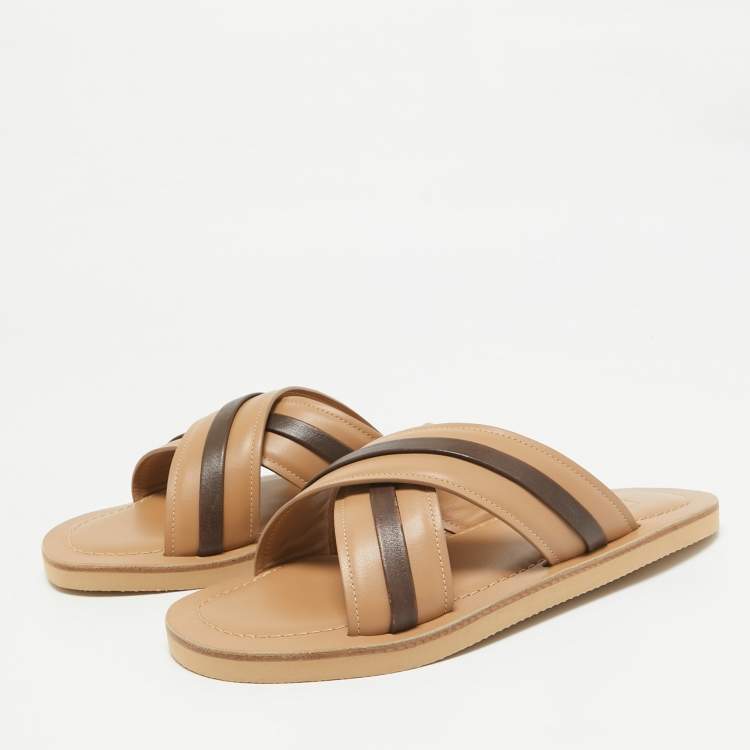 Pre Owned Malone Souliers Beige/Brown Leather Gabriel Slide Flats Size 40