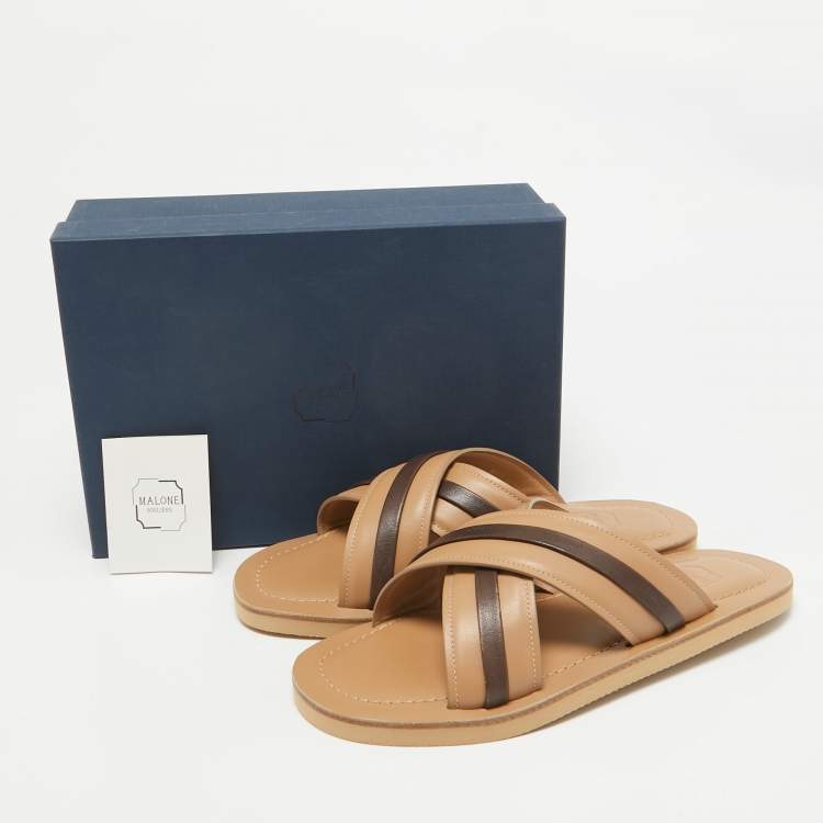Pre Owned Malone Souliers Beige/Brown Leather Gabriel Slide Flats Size 40