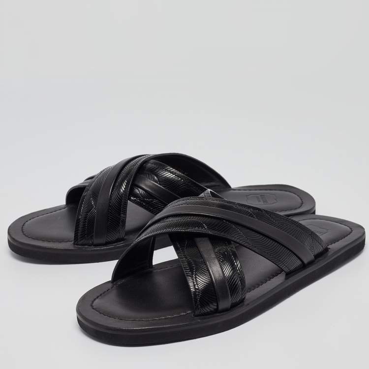 Pre Owned Malone Souliers Black Textured Leather Slides Size 43