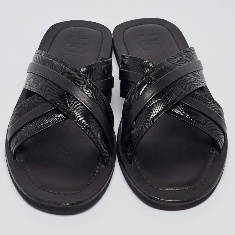 Pre Owned Malone Souliers Black Textured Leather Slides Size 43