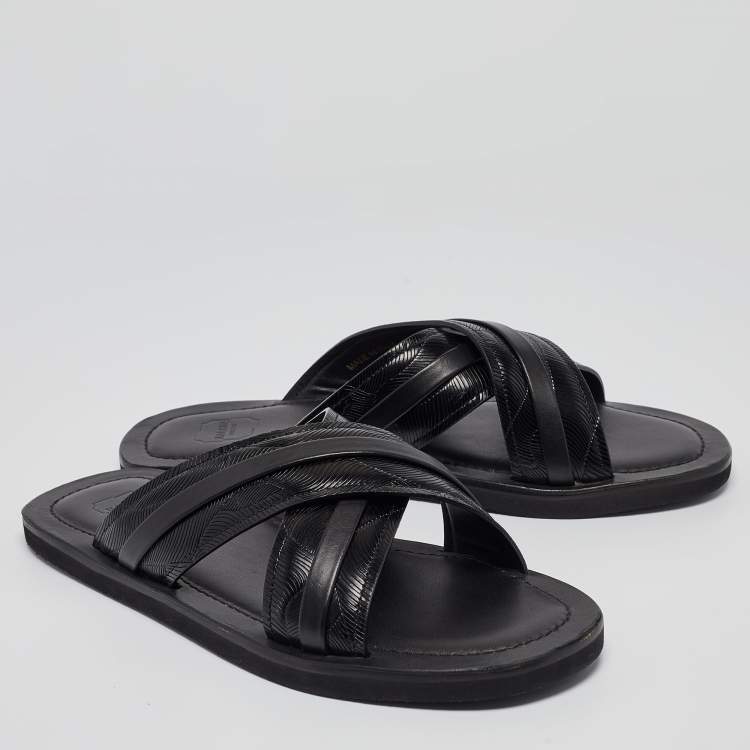 Pre Owned Malone Souliers Black Textured Leather Slides Size 43