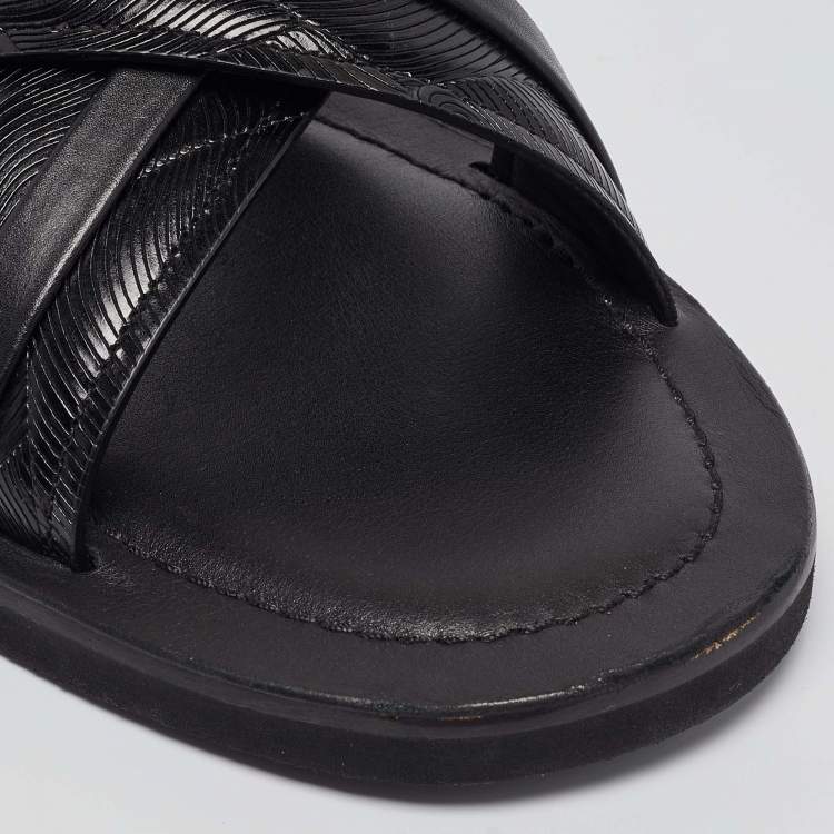 Pre Owned Malone Souliers Black Textured Leather Slides Size 43