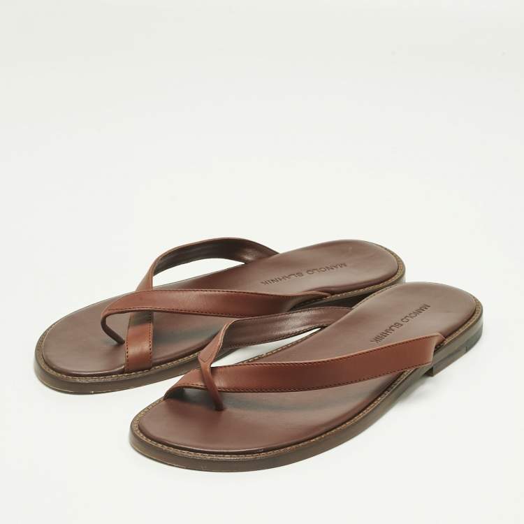 Pre Owned Manolo Blahnik Brown Leather Crisscross Flat Slide Size 41