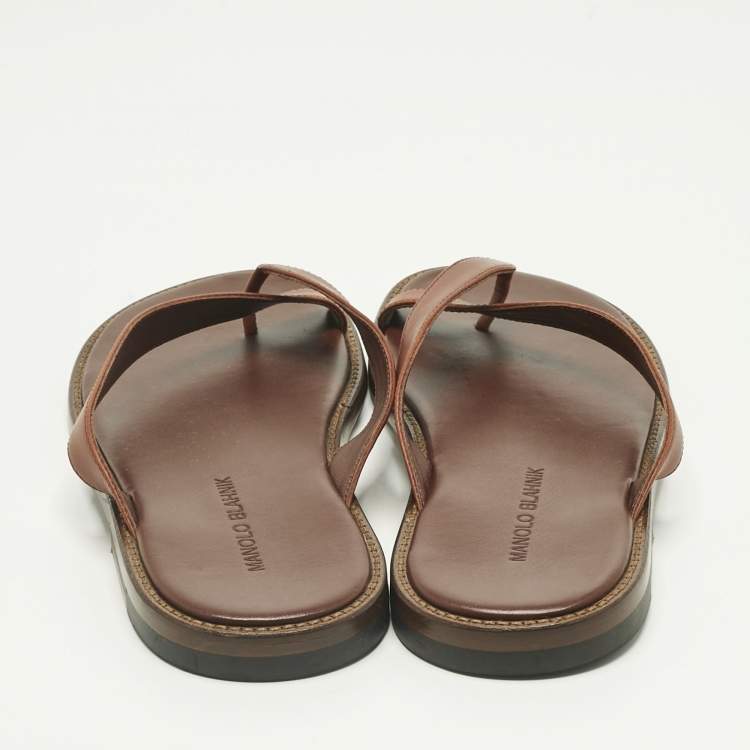 Pre Owned Manolo Blahnik Brown Leather Crisscross Flat Slide Size 41