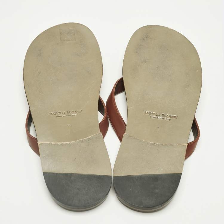 Pre Owned Manolo Blahnik Brown Leather Crisscross Flat Slide Size 41