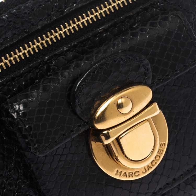 Pre Owned Marc Jacobs Black Python Embossed Leather Double Pocket Zip Wallet