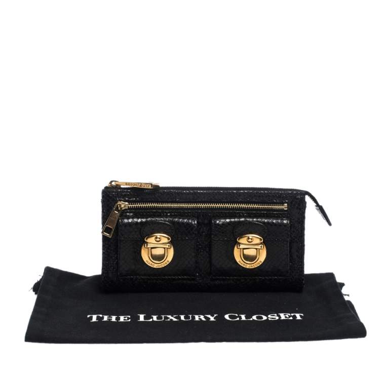 Pre Owned Marc Jacobs Black Python Embossed Leather Double Pocket Zip Wallet
