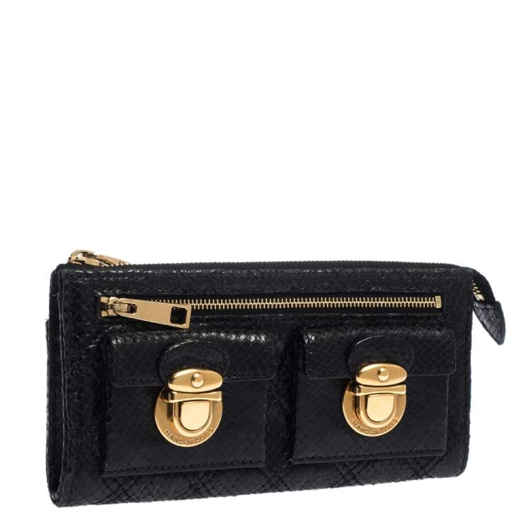 Pre Owned Marc Jacobs Black Python Embossed Leather Double Pocket Zip Wallet