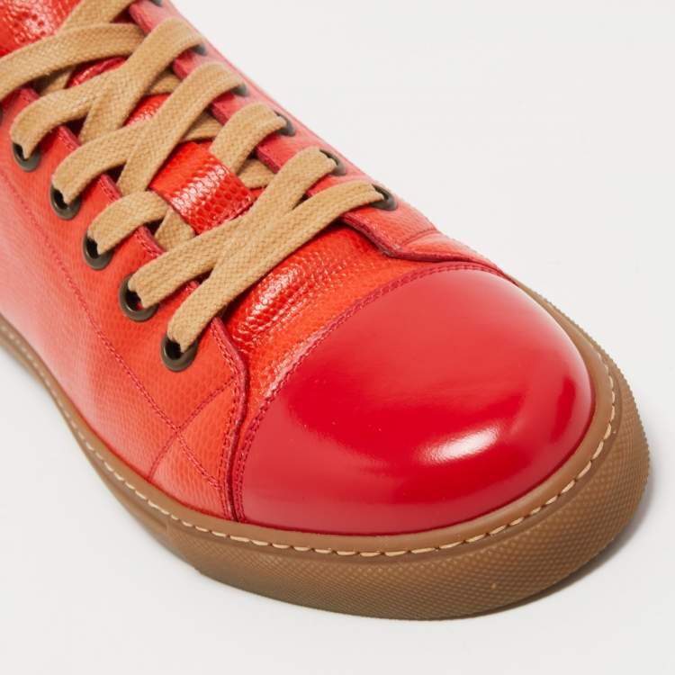 Pre Owned Marc Jacobs Red/Orange Lizard Embossed Leather and Leather Lace Up Sneakers Size 42