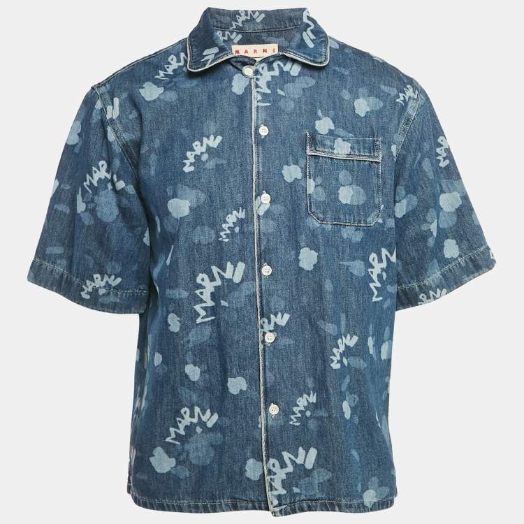 Pre Owned Marni Blue Logo Bleached Denim Short Sleeve Shirt M
