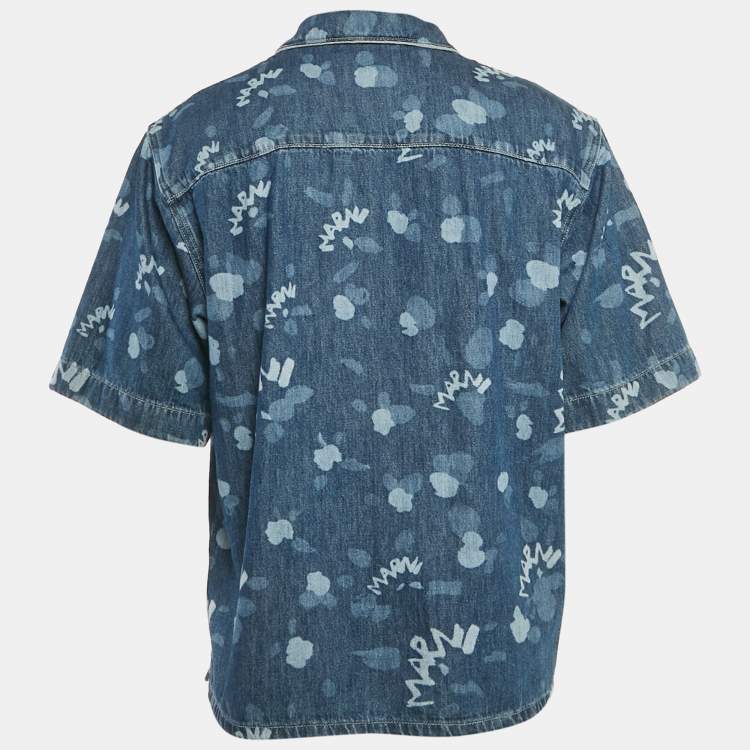 Pre Owned Marni Blue Logo Bleached Denim Short Sleeve Shirt M