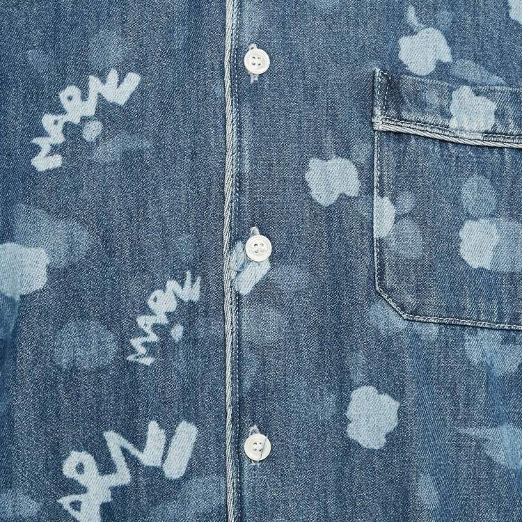 Pre Owned Marni Blue Logo Bleached Denim Short Sleeve Shirt M