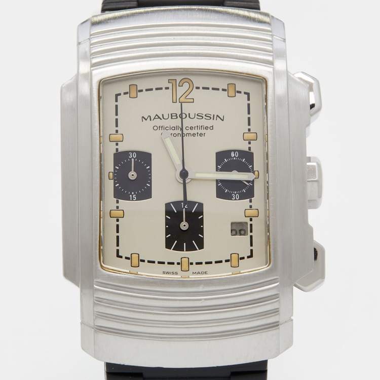 Pre Owned Mauboussin Silver Stainless Steel Rubber Fouga R.05390 Men's Wristwatch 32.50 mm