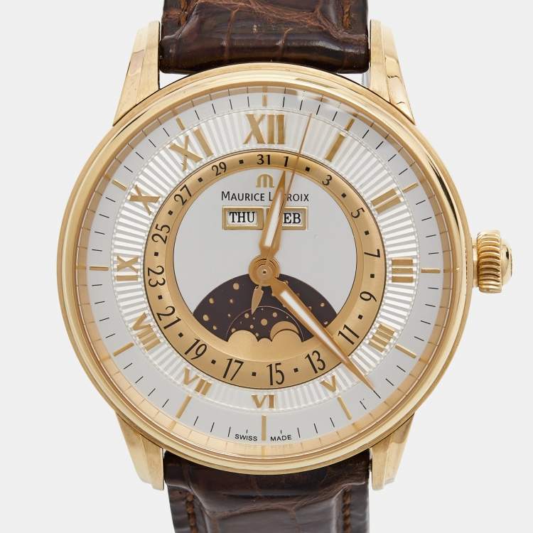 Pre Owned Maurice Lacroix Silver 18K Rose Gold Crocodile Leather Masterpiece Phase De Lune MP6428-PG101-11E Men's Wristwatch 40 mm