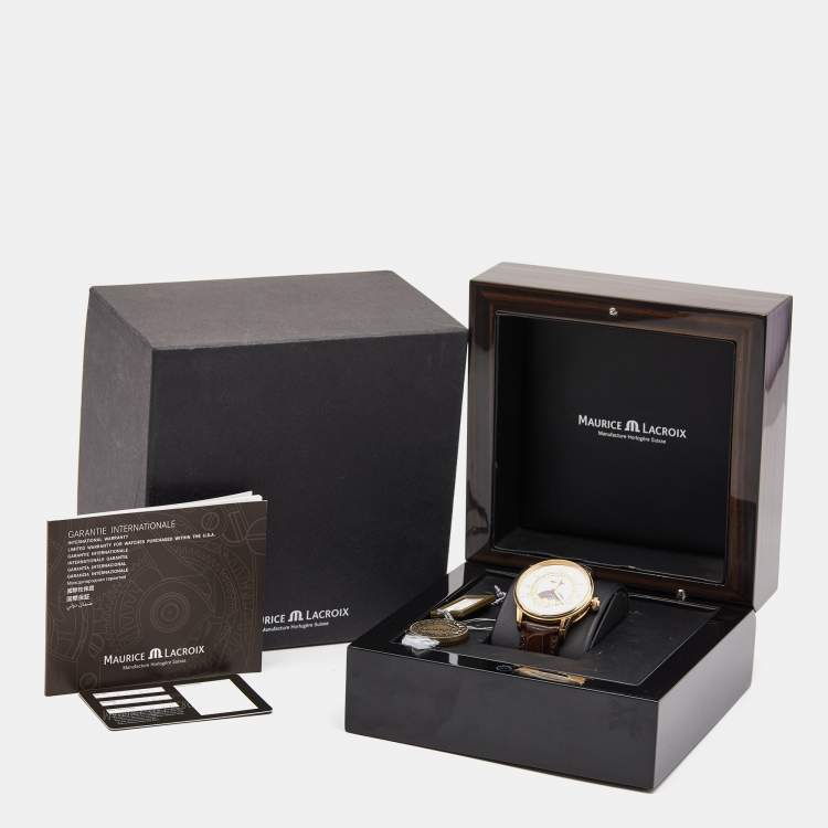 Pre Owned Maurice Lacroix Silver 18K Rose Gold Crocodile Leather Masterpiece Phase De Lune MP6428-PG101-11E Men's Wristwatch 40 mm