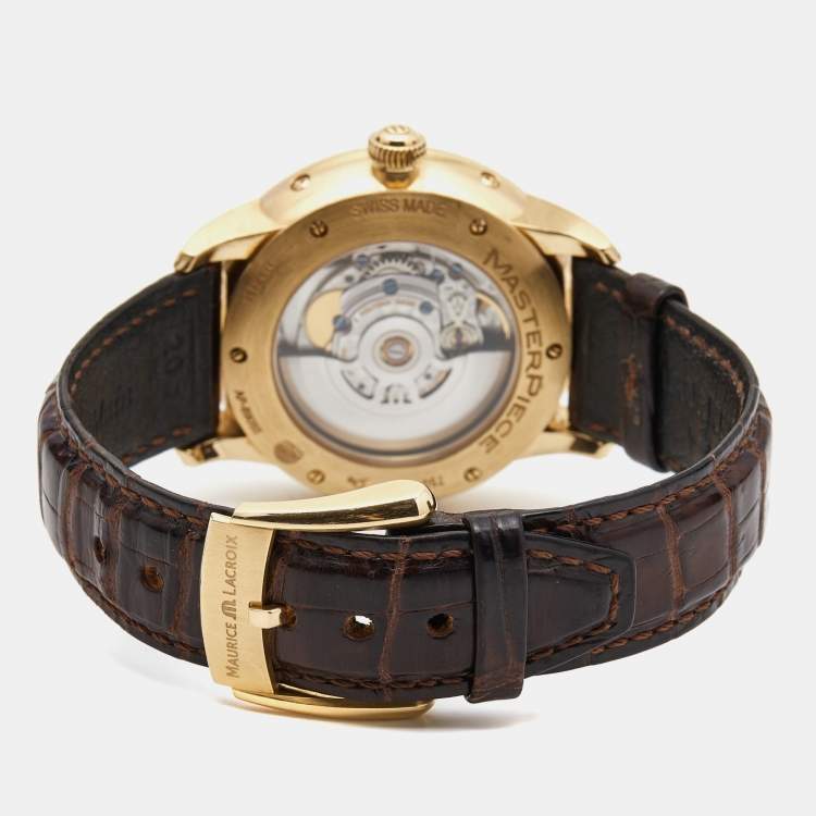 Pre Owned Maurice Lacroix Silver 18K Rose Gold Crocodile Leather Masterpiece Phase De Lune MP6428-PG101-11E Men's Wristwatch 40 mm