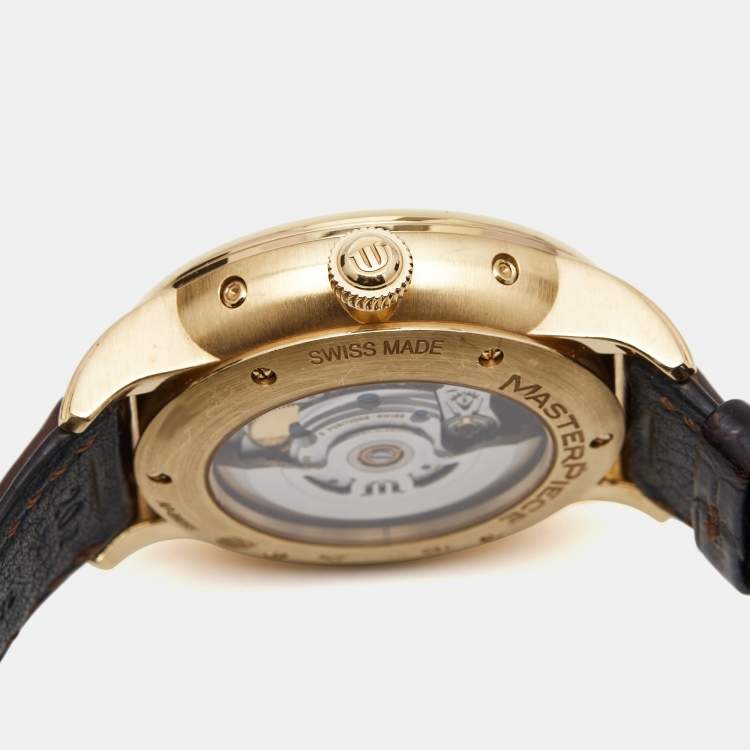 Pre Owned Maurice Lacroix Silver 18K Rose Gold Crocodile Leather Masterpiece Phase De Lune MP6428-PG101-11E Men's Wristwatch 40 mm