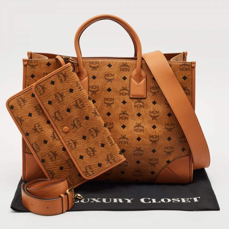 Pre Owned MCM Cognac Visetos Coated Canvas X-Large Muchen Tote
