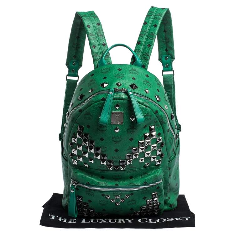 Pre Owned MCM Green Coated Canvas and Leather Large Studs Stark Backpack