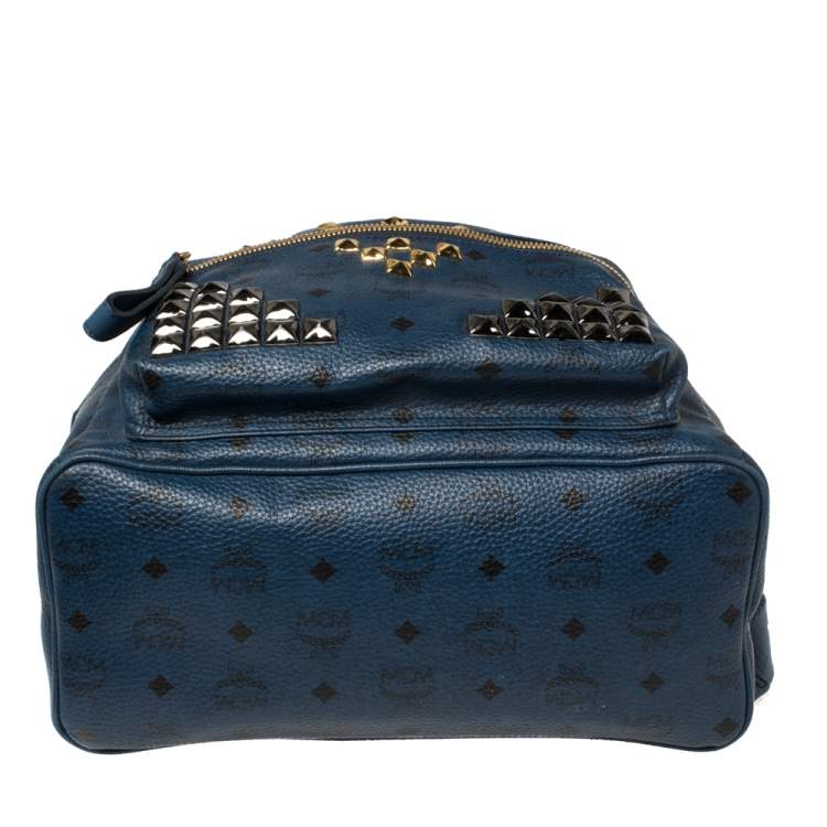 Pre Owned MCM Blue Coated Canvas and Leather Large Studs Stark Backpack