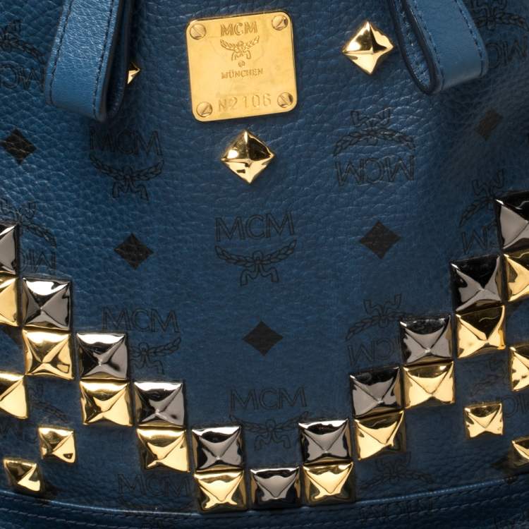 Pre Owned MCM Blue Coated Canvas and Leather Large Studs Stark Backpack