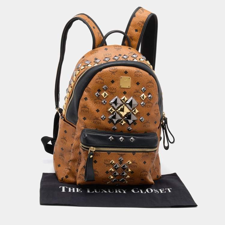 Pre Owned MCM Cognac/Black Visetos Coated Canvas and Leather Large Studded Stark Backpack