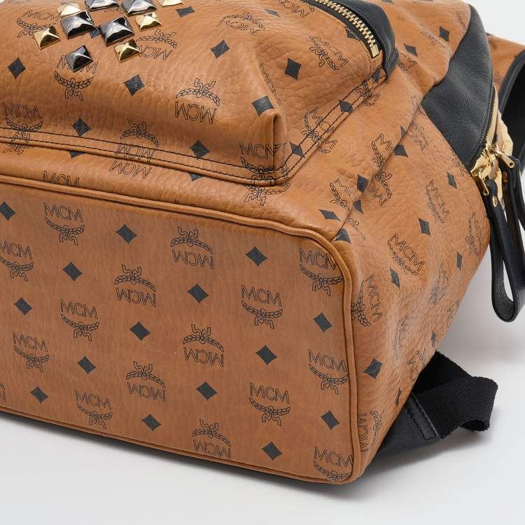 Pre Owned MCM Cognac/Black Visetos Coated Canvas and Leather Large Studded Stark Backpack