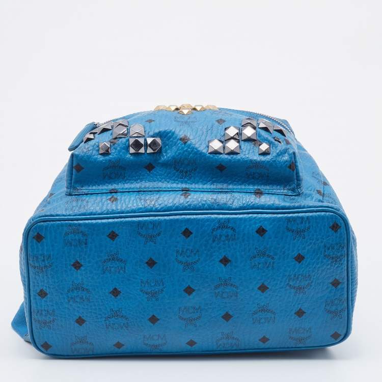 Pre Owned MCM Blue Visetos Coated Canvas and Leather Large Studs Stark Backpack