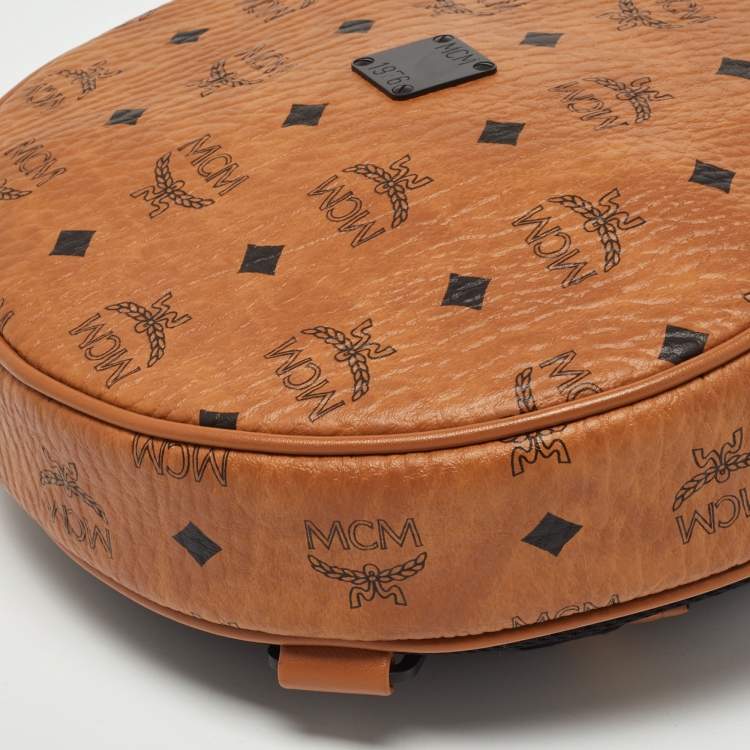 Pre Owned MCM Cognac Visetos Coated Canvas and Leather Round Sling Bag