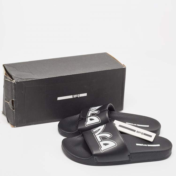 Pre Owned McQ by Alexander McQueen Black Leather and Rubber Logo Pool Slides Size 40