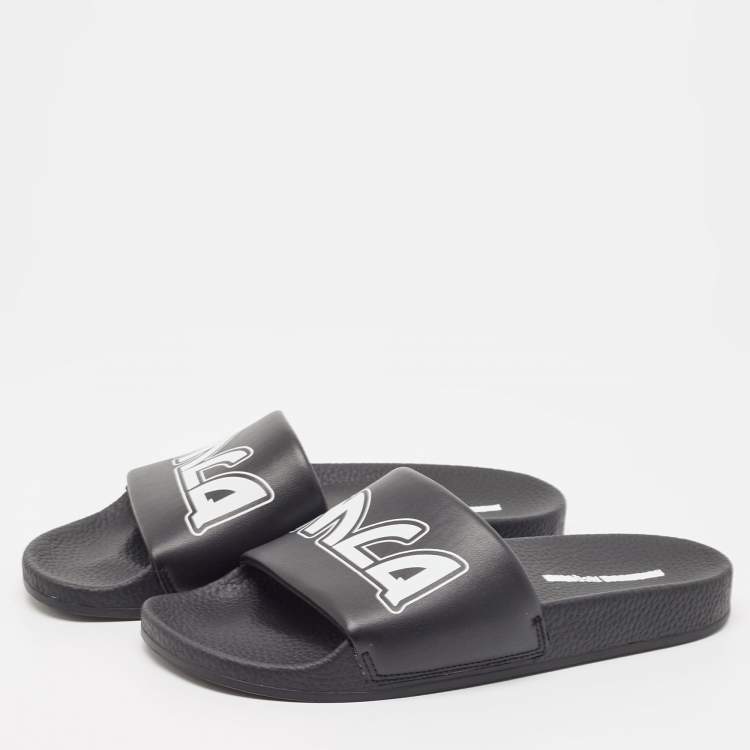 Pre Owned McQ by Alexander McQueen Black Leather and Rubber Logo Pool Slides Size 40