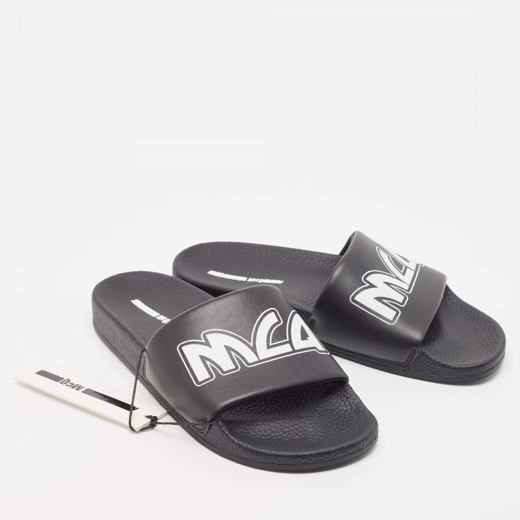 Pre Owned McQ by Alexander McQueen Black Leather and Rubber Logo Pool Slides Size 40